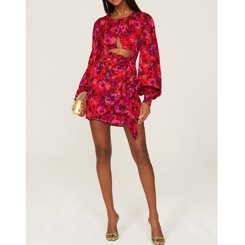 For Love & Lemons Alana Floral Cutout Mini Dress Pink Red Long Sleeve e5